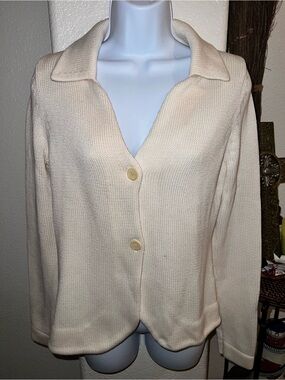 Pima Cotton Neiman Marcus Cream Collared Button-Front Pima Cotton Cardigan